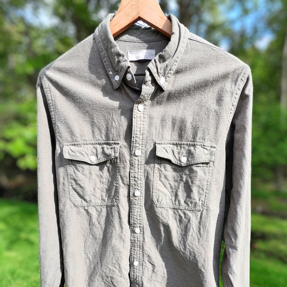 Everlane Med Mens Green Brushed Flannel Oxford Button Up Shirt Heathered Thyme